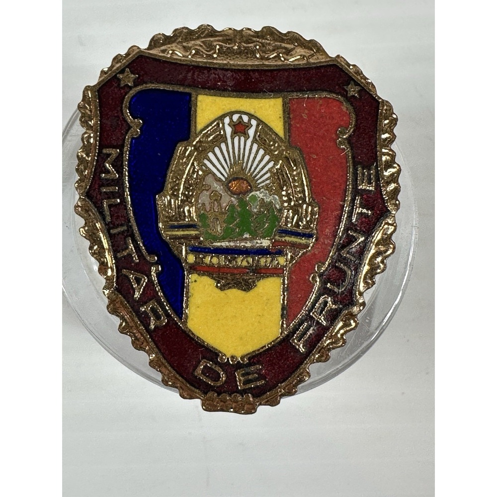 1970's Romania MILITARY ACADEMY Enameled screw communist era medal pin badge
